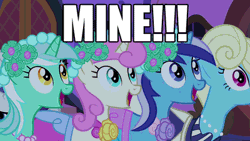 Size: 400x225 | Tagged: safe, derpibooru import, edit, edited screencap, screencap, eclair créme, jangles, lyra heartstrings, minuette, rarity, twinkleshine, a canterlot wedding, animated, caption, eyes closed, eyes on the prize, faic, flailing, gif, image, image macro, mine, open mouth, psycho, pushing, reaction image, smiling, text, wide eyes