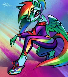 Size: 2067x2336 | Tagged: anthro, artist:holivi, clothes, derpibooru import, female, hoof shoes, legs, lidded eyes, looking at you, pants, pegasus, rainbow dash, safe, shoes, shoulderless, smiling, sneakers, solo, unguligrade anthro