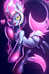 Size: 1800x2700 | Tagged: safe, alternate version, artist:shad0w-galaxy, derpibooru import, ponified, demon, earth pony, pony, succubus, advertisement, bipedal, blowing a kiss, crossover, evelynn, fangs, female, heterochromia, league of legends, mare, monster mare, patreon, patreon preview, smiling, solo, video game crossover