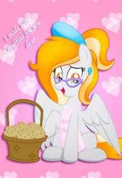 Size: 823x1193 | Tagged: safe, artist:rainbownspeedash, derpibooru import, oc, oc:rita cloudy, unofficial characters only, pony, apron, clothes, female, food, glasses, mother, muffin, solo