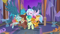 Size: 1280x720 | Tagged: safe, derpibooru import, screencap, gallus, ocellus, sandbar, silverstream, smolder, yona, changedling, changeling, classical hippogriff, dragon, earth pony, gryphon, hippogriff, pony, yak, she's all yak, bow, bowtie, cloven hooves, colored hooves, cute, diaocelles, diastreamies, discovery family logo, dragoness, eyes closed, female, gallabetes, group hug, hair bow, hug, jewelry, male, monkey swings, my little pony, necklace, sandabetes, smolderbetes, student six, teenager, yonadorable