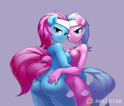 Size: 1000x855 | Tagged: suggestive, artist:iloota, derpibooru import, aloe, lotus blossom, anthro, earth pony, ass, boob squish, breasts, busty aloe, busty lotus blossom, butt, chest fluff, cleavage fluff, collar, cutie mark, dock, eyeshadow, female, incest, lesbian, looking at you, makeup, mare, patreon, patreon logo, shipping, siblings, simple background, sisters, smiling, spacest, spa twins, twincest, twins