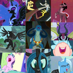 Size: 600x600 | Tagged: safe, derpibooru import, edit, edited screencap, screencap, cozy glow, discord, grogar, king sombra, lord tirek, nightmare moon, pony of shadows, queen chrysalis, starlight glimmer, trixie, alicorn, centaur, changeling, changeling queen, draconequus, pony, shadow pony, sheep, unicorn, a canterlot wedding, friendship is magic, magic duel, school raze, shadow play, the beginning of the end, the cutie re-mark, the return of harmony, alicorn amulet, alternate timeline, animated, antagonist, compilation, cropped, crystal ball, crystal war timeline, evil, evil laugh, female, filly, gif, glowing horn, grogar's orb, horn, laughing, lightning, magic, male, mare, ram, stallion