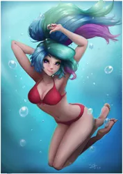 Size: 777x1100 | Tagged: alternate hairstyle, armpits, artist:the-park, barefoot, between dark and dawn, bikini, breasts, bubble, clothes, derpibooru import, feet, female, human, humanized, ponytail, princess celestia, red swimsuit, scene interpretation, sole, suggestive, swimming, swimsuit, underwater