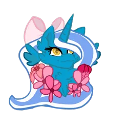 Size: 1024x1024 | Tagged: safe, artist:dragonheart-oracle, derpibooru import, oc, oc:fleurbelle, alicorn, pony, alicorn oc, bow, bust, chest fluff, commission, female, flower, hair bow, horn, simple background, smiling, solo, transparent background, wings, ych result, yellow eyes