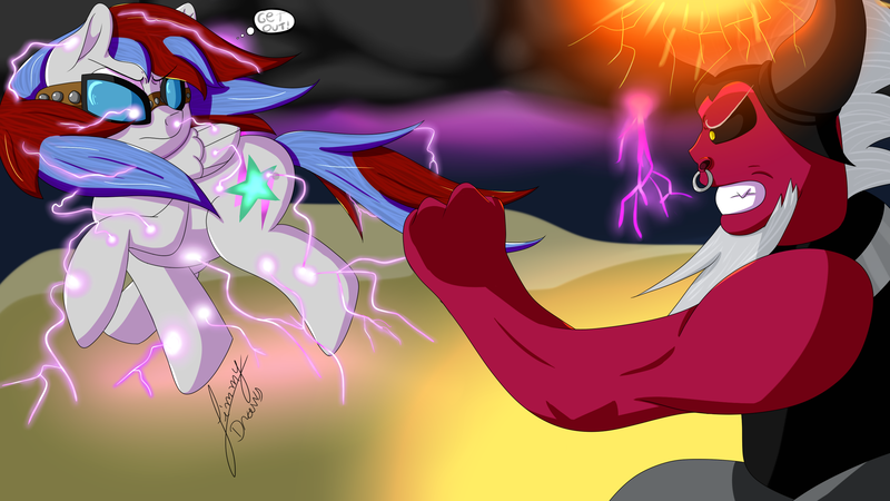 Size: 2560x1440 | Tagged: safe, artist:jimmy draws, derpibooru import, lord tirek, oc, oc:thunder andreos, pegasus, pony, angry, cutie mark, demi-god, fight, glasses, new god of thunder, power