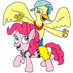 Size: 827x820 | Tagged: safe, artist:logan jones, derpibooru import, pinkie pie, princess skystar, classical hippogriff, earth pony, hippogriff, pony, my little pony: the movie, backpack, banjo kazooie, belt, clothes, cosplay, costume, duo, shark tooth, shorts, solo, super smash bros., super smash bros. ultimate, tooth necklace