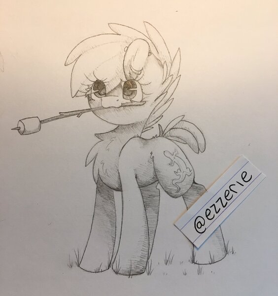 Size: 1926x2048 | Tagged: safe, artist:ezzerie, deleted from derpibooru, derpibooru import, oc, oc:ezzerie, unofficial characters only, earth pony, pony, campfire, chest fluff, cute, food, marshmallow, mouth hold, piercing, stick, traditional art