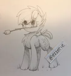 Size: 1926x2048 | Tagged: safe, artist:ezzerie, deleted from derpibooru, derpibooru import, oc, oc:ezzerie, unofficial characters only, earth pony, pony, campfire, chest fluff, cute, food, marshmallow, mouth hold, piercing, stick, traditional art