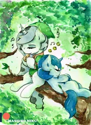 Size: 2409x3329 | Tagged: safe, artist:mashiromiku, derpibooru import, oc, oc:morning star, oc:waking dream, alicorn, pony, unicorn, adventurer, colt, commission, forest, hat, male, music, musical instrument, ocarina, patreon, patreon logo, sleeping, the legend of zelda, traditional art, watercolor painting