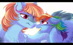 Size: 900x561 | Tagged: safe, artist:castaspellliana, derpibooru import, rainbow dash, windy whistles, pegasus, pony, chest fluff, duo, eye contact, female, filly, filly rainbow dash, freckles, looking at each other, mare, mother and child, mother and daughter, simple background, white background, younger