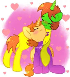 Size: 623x681 | Tagged: safe, artist:doraeartdreams-aspy, derpibooru import, oc, oc:aspen, oc:ryan, alicorn, pony, alicorn oc, bodysuit, catsuit, couple, female, heart, hippie, horn, hug, jewelry, latex, latex suit, male, necklace, nuzzling, peace suit, peace symbol, romantic, rubber suit, ryspen, straight, wings