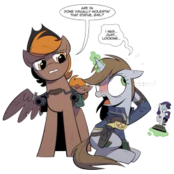 Size: 3000x3000 | Tagged: safe, artist:wandrevieira1994, derpibooru import, rarity, oc, oc:calamity, oc:littlepip, unofficial characters only, pegasus, pony, unicorn, fallout equestria, fanfic, arm behind head, battle saddle, blushing, clothes, comic, cowboy hat, dashite, dialogue, eyes closed, fanfic art, female, floppy ears, glowing horn, gun, handgun, hat, holster, hooves, horn, levitation, little macintosh, magic, male, mare, ministry mares, ministry mares statuette, optical sight, pipbuck, raised hoof, revolver, rifle, scope, simple background, sitting, speech bubble, stallion, standing, telekinesis, transparent background, vault suit, weapon, wings
