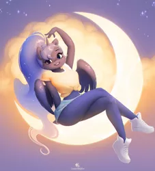 Size: 2362x2598 | Tagged: alicorn, anthro, artist:katputze, clothes, crescent moon, derpibooru import, ethereal mane, female, front knot midriff, looking at you, mare, midriff, moon, princess luna, safe, shoes, sneakers, solo, starry mane, tangible heavenly object, transparent moon