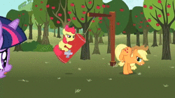 Size: 1280x720 | Tagged: safe, derpibooru import, screencap, apple bloom, applejack, twilight sparkle, earth pony, pony, unicorn, the super speedy cider squeezy 6000, angry, animated, apple, apple tree, bucking, confused, derp, determined, dizzy, faint, female, filly, food, offscreen character, punching bag, smiling, sound, tree, unicorn twilight, webm