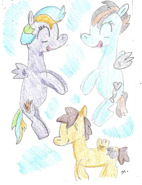 Size: 1167x1526 | Tagged: safe, artist:ptitemouette, derpibooru import, oc, oc:garnet pebble, oc:quick silver, oc:speed flash, pegasus, pony, amputee, artificial wings, augmented, offspring, parent:dumbbell, parent:firefly, parent:lightning dust, parent:oc:sunshine sparkle, parent:oc:surprise, parent:rainbow dash, parents:dashfly, parents:lightningbell, parents:oc x oc, prosthetic limb, prosthetic wing, prosthetics, traditional art, wings