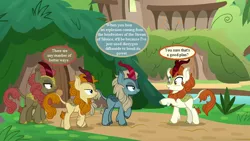 Size: 800x450 | Tagged: autumn afternoon, autumn blaze, background kirin, bad idea, derpibooru import, dialogue, dioxygen difluoride, edit, edited screencap, female, fluffy, foof, kirin, kirin village, male, maple brown, raised hoof, safe, screencap, sounds of silence, sparkling brook, speech bubble, this will end in explosions, this will end in silence