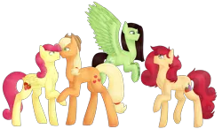 Size: 2600x1520 | Tagged: safe, artist:kookiebeatz, derpibooru import, applejack, strawberry sunrise, oc, oc:apple berry, oc:white lilly, earth pony, pegasus, pony, icey-verse, applejack's hat, applerise, boop, chest fluff, cowboy hat, ear piercing, earring, eyeshadow, family, female, flying, freckles, glasses, hat, holding hooves, jewelry, lesbian, magical lesbian spawn, makeup, mare, mother and child, mother and daughter, noseboop, offspring, parent:applejack, parent:strawberry sunrise, parents:applerise, piercing, raised hoof, shipping, siblings, simple background, sisters, tattoo, transparent background