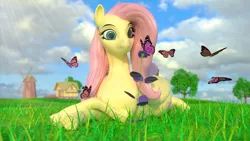 Size: 2560x1440 | Tagged: safe, artist:clopician, derpibooru import, fluttershy, butterfly, pegasus, pony, 3d, female, grass, mare, meadow, nature, prone, scenery, solo