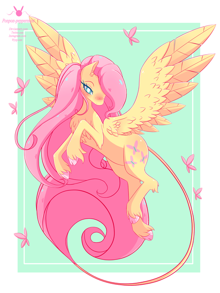Size: 3000x4000 | Tagged: safe, artist:ponpon-peppermint, derpibooru import, fluttershy, butterfly, pegasus, pony, blushing, chest fluff, cloven hooves, female, hair over one eye, head turn, leonine tail, mare, solo, spread wings, stray strand, three quarter view, unshorn fetlocks, wings