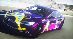 Size: 1022x545 | Tagged: safe, artist:pabrony83, derpibooru import, twilight sparkle, pony, big crown thingy, car, element of magic, forza motorsport 6, jewelry, racing, regalia, tesla, tesla model s, video game