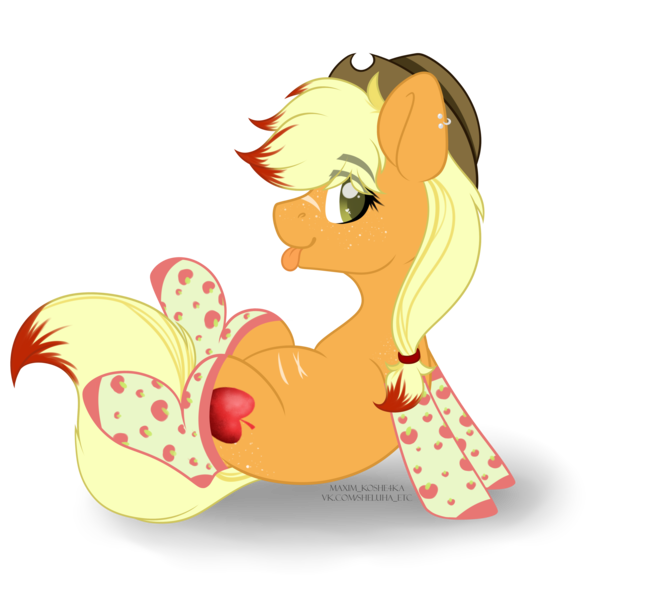 Size: 4584x4091 | Tagged: safe, artist:hellishprogrammer, derpibooru import, oc, oc:jacklyn apples, unofficial characters only, earth pony, pony, apple, clone, clothes, commission, cowboy hat, ear piercing, earring, female, food, freckles, hat, heart eyes, jewelry, mare, not applejack, piercing, raised leg, scar, simple background, sitting, socks, solo, tongue out, transparent background, wingding eyes, ych result