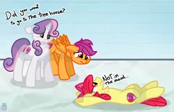 Size: 1870x1210 | Tagged: safe, artist:rainbow eevee, derpibooru import, apple bloom, scootaloo, sweetie belle, pegasus, pony, unicorn, atg 2019, brick wall, crumpled, cute, cutie mark crusaders, dialogue, female, filly, lying down, newbie artist training grounds, on back, simple background, talking, text, unamused, underhoof, worried