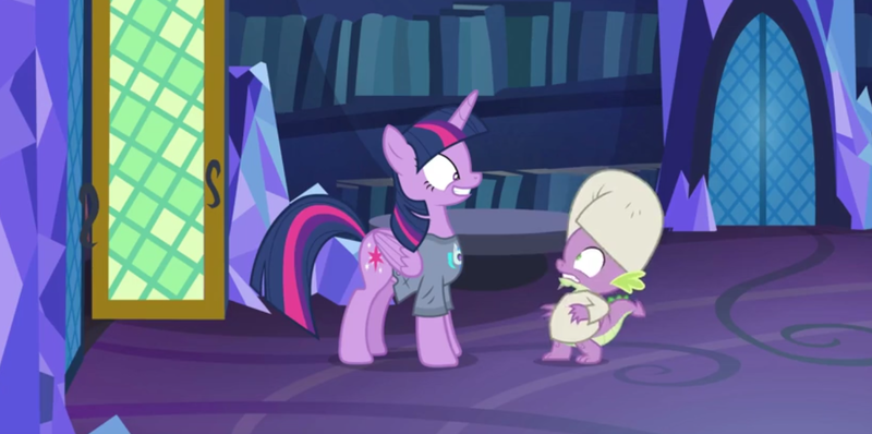 Size: 1320x657 | Tagged: alicorn, a trivial pursuit, clothes, derpibooru import, dragon, grin, horn, looking at each other, nightshirt, pajamas, safe, screencap, shrunken pupils, smiling, spike, twilighting, twilight sparkle, twilight sparkle (alicorn), winged spike