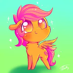 Size: 1500x1500 | Tagged: safe, artist:tamabel, derpibooru import, scootaloo, pegasus, pony, blushing, cheek fluff, chest fluff, chibi, colored pupils, cute, cutealoo, ear fluff, female, filly, floppy ears, gradient background, leg fluff, needs more saturation, smiling, solo, sparkles, spread wings, standing, wings