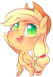 Size: 373x538 | Tagged: safe, artist:tamabel, derpibooru import, applejack, earth pony, pony, bipedal, chibi, colored pupils, cowboy hat, cute, female, hat, jackabetes, looking up, mare, open mouth, reaching, simple background, smiling, solo, standing, sticker, three quarter view, white background