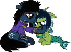Size: 1551x1120 | Tagged: safe, artist:lightningbolt, derpibooru import, oc, oc:demon hellspawn, ponified, ponified:oliver sykes, half-siren, hybrid, pony, undead, zombie, zombie pony, .svg available, angry, baby, bags under eyes, biting, blood, bloodshot eyes, bone, bored, bring me the horizon, clothes, colored blood, colored pupils, colt, curved horn, dripping blood, drop dead clothing, duo, fangs, fins, fish tail, floppy ears, horn, interspecies offspring, jewelry, lidded eyes, lip piercing, magical gay spawn, male, necklace, offspring, piercing, rainbow blood, scales, scar, shirt, simple background, sitting, slit eyes, stitches, svg, t-shirt, tattoo, torn ear, transparent background, vector, wristband