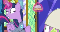 Size: 1292x688 | Tagged: safe, derpibooru import, screencap, spike, twilight sparkle, twilight sparkle (alicorn), alicorn, dragon, pony, a trivial pursuit, bell, clothes, cropped, devious, duo, faic, grin, horn, levitation, looking at each other, magic, nightshirt, pajamas, raised hoof, shrunken pupils, smiling, telekinesis, winged spike