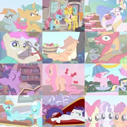 Size: 960x960 | Tagged: safe, derpibooru import, screencap, apple bloom, applejack, big macintosh, carrot cake, cloud kicker, cup cake, fluttershy, lotus blossom, mayor mare, pinkie pie, pound cake, princess celestia, pumpkin cake, rainbow dash, rarity, scootaloo, smarty pants, snails, snips, sweetie belle, twilight sparkle, alicorn, earth pony, pegasus, pony, unicorn, ponyville confidential, apple, apple tree, baby, baby pony, balloon, book, bubblegum, cake, cakelestia, cropped, crying, cutie mark crusaders, dancing, fainting couch, female, filly, food, gabby gums, golden oaks library, gum, hair dye, non-dyed mayor, party animal, pink hair, punch (drink), punch bowl, sad, sleeping, snobby, spa, spa pony, tail extensions, tree, unicorn twilight