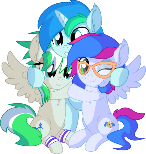 Size: 6967x7345 | Tagged: safe, artist:cyanlightning, derpibooru import, oc, oc:azure lightning, oc:cyan lightning, oc:emerald lightning, pegasus, pony, unicorn, .svg available, absurd resolution, blushing, brother and sister, clothes, colt, cute, ear fluff, female, filly, glasses, hug, leg warmers, lidded eyes, male, ocbetes, scarf, siblings, simple background, smiling, spread wings, transparent background, trio, vector, wings