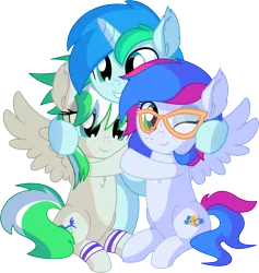 Size: 6967x7345 | Tagged: safe, artist:cyanlightning, derpibooru import, oc, oc:azure lightning, oc:cyan lightning, oc:emerald lightning, pegasus, pony, unicorn, .svg available, absurd resolution, blushing, brother and sister, clothes, colt, cute, ear fluff, female, filly, glasses, hug, leg warmers, lidded eyes, male, ocbetes, scarf, siblings, simple background, smiling, spread wings, transparent background, trio, vector, wings
