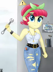 Size: 2000x2730 | Tagged: safe, artist:theretroart88, derpibooru import, torque wrench, equestria girls, rainbow roadtrip, breasts, clothes, equestria girls-ified, female, kenworth, semi truck, smiling, solo, wrench