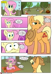 Size: 955x1350 | Tagged: safe, artist:teabucket, deleted from derpibooru, derpibooru import, applejack, fluttershy, earth pony, pegasus, pony, comic:poison apple, apple, apple tree, applebucking, appleshy, basket, blushing, comic, female, food, lesbian, mare, mouth hold, nervous, patreon, patreon logo, picnic basket, shipping, shrunken pupils, smiling, sweat, sweet apple acres, thought bubble, tree