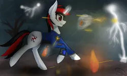 Size: 2000x1200 | Tagged: safe, artist:stravyvox, derpibooru import, oc, oc:blackjack, unofficial characters only, pony, unicorn, fallout equestria, fallout equestria: project horizons, fanfic, bottle, clothes, cloud, cloudy, cutie mark, dead tree, fanfic art, female, fire, glowing horn, grin, gun, handgun, hooves, horn, levitation, lightning, magic, mare, pipbuck, rain, running, shooting, smiling, solo, telekinesis, tree, vault suit, wasteland, weapon