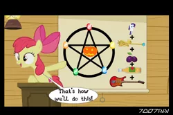 Size: 640x426 | Tagged: safe, derpibooru import, edit, edited screencap, editor:teren rogriss, screencap, apple bloom, earth pony, pony, clubhouse, dialogue, female, filly, foal, hooves, open mouth, pentagram, ritual, solo, speech bubble, this will end in possession, this will not end well