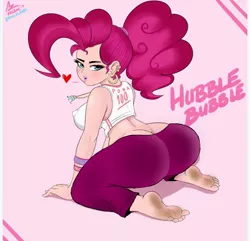 Size: 1125x1086 | Tagged: artist:aer0 zer0, balloonbutt, barefoot, bimbo, breasts, busty pinkie pie, butt, clothes, curvy, derpibooru import, dirt, dirty, dirty feet, ear piercing, earring, edit, erect nipples, feet, female, hourglass figure, human, humanized, jewelry, kneeling, large butt, lipstick, necklace, nipple outline, piercing, pinkie pie, solo, solo female, stupid sexy pinkie, suggestive, tanktop, the ass was fat