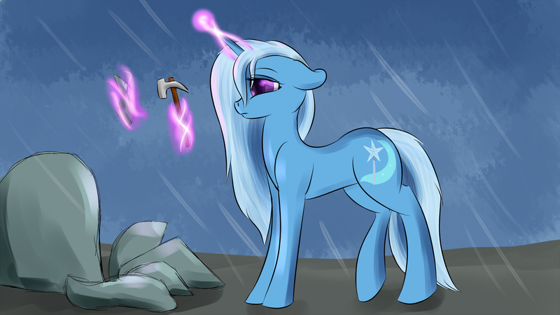 Size: 1920x1080 | Tagged: safe, artist:renarde-louve, derpibooru import, trixie, pony, unicorn, female, hammer, magic, mare, newbie artist training grounds, rain, rock, rock farm, sad, solo, wet, wet mane