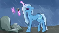 Size: 1920x1080 | Tagged: safe, artist:renarde-louve, derpibooru import, trixie, pony, unicorn, female, hammer, magic, mare, newbie artist training grounds, rain, rock, rock farm, sad, solo, wet, wet mane