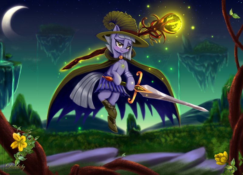 Size: 6300x4550 | Tagged: safe, artist:darksly, derpibooru import, limestone pie, earth pony, pony, absurd resolution, commission, crescent moon, fantasy, female, levitation, magic, magical girl, moon, night, reward, scenery, scepter, solo, stars, sword, telekinesis, weapon