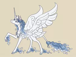 Size: 1024x768 | Tagged: safe, artist:moonrisethemage, derpibooru import, oc, oc:circadia, unofficial characters only, alicorn, pony, alicorn oc, alternate universe, cloven hooves, crown, ethereal fetlocks, ethereal mane, female, horn, jewelry, leonine tail, mare, peytral, raised hoof, regalia, solo, spread wings, tan background, water mane, wings