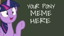 Size: 638x361 | Tagged: safe, derpibooru import, edit, edited screencap, editor:undeadponysoldier, screencap, twilight sparkle, twilight sparkle (alicorn), alicorn, pony, ppov, caption, chalk drawing, chalkboard, commission, female, image macro, mare, meme, open mouth, pointing, smiling, solo, text, traditional art, word art, your character here