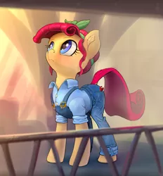 Size: 2882x3112 | Tagged: safe, artist:xbi, derpibooru import, torque wrench, earth pony, pony, rainbow roadtrip, clothes, female, looking up, mare, overalls, solo, wrench