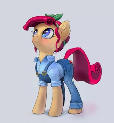 Size: 2882x3112 | Tagged: safe, alternate version, artist:xbi, derpibooru import, torque wrench, earth pony, pony, rainbow roadtrip, background removed, clothes, female, looking up, mare, overalls, simple background, solo, wrench