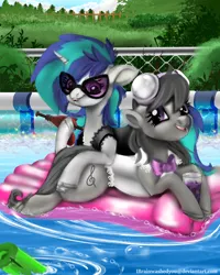 Size: 1920x2400 | Tagged: safe, artist:brainiac, derpibooru import, octavia melody, vinyl scratch, pony, unicorn, clothes, cute, female, floaty, goggles, inflatable, mare, pool noodle, pool toy, sunglasses, swimming, swimming pool, swimsuit, water pistol