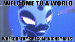 Size: 640x361 | Tagged: safe, derpibooru import, edit, edited screencap, editor:undeadponysoldier, screencap, nightmare moon, alicorn, pony, angry, been to hell, caption, female, glowing eyes, hollywood undead, image macro, looking at you, lyrics, mare, song reference, text, white eyes