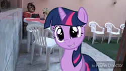 Size: 1024x576 | Tagged: safe, artist:zachosau, derpibooru import, twilight sparkle, pony, unicorn, chair, cute, female, irl, looking at you, mare, photo, ponies in real life, powerdirector, signature, solo, table, unicorn twilight